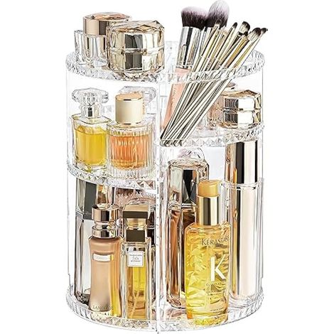 Range tournant 360° pour maquillage, support acrylique réglable 8 niveaux, grande capacité, rangement pour parfum, soins, rouge à lèvres, coiffeuse, chambre, salle de bain (Diamant transparent)