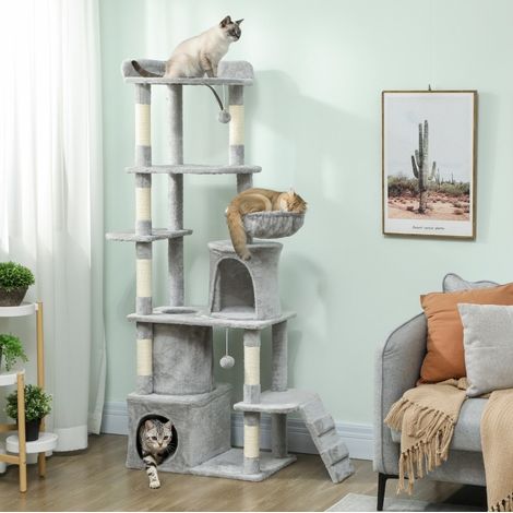 Árbol rascador de 170 cm con túnel, nichos, hamaca y postes de sisal, gris claro HAVRYA (1/3)