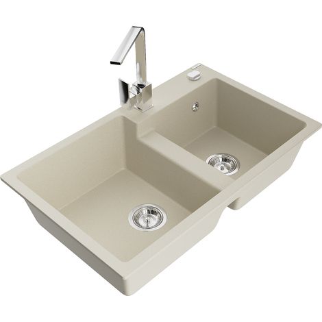 Mexen Tomas fregadero de cocina de granito de 2 compartimentos con grifo de cocina Rita, beige - 6516-69-670300-00 (1/5)