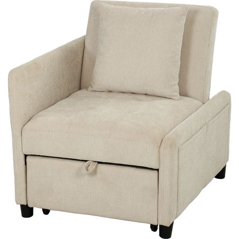Fauteuil Convertible 1 Place, Fauteuil-Lit Clic-Clac 4 en 1 Rembourré en Chenille, Dossier Réglable, Assise Large, Beige (1/5)