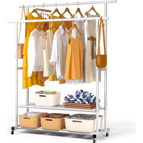 VOUNOT® Perchero Burro Ropa Doble, Organizador de Ropa Metálico con Ruedas y 2 Estantes Inferiores, 121x40x147cm Blanco (1/5)