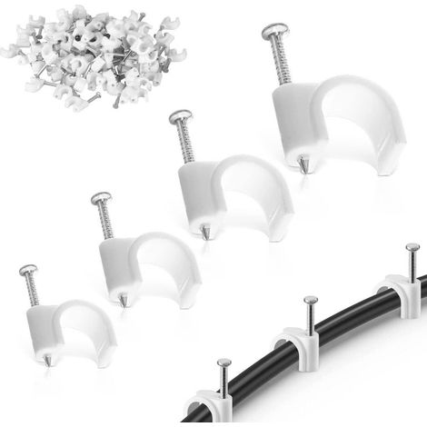 400 clips de fixation de câble en plastique (avec clous en acier) Adaptés aux câbles coaxiaux, Ethernet, TV et téléphoniques (6 mm/8 mm/10 mm/12 mm) (1/5)