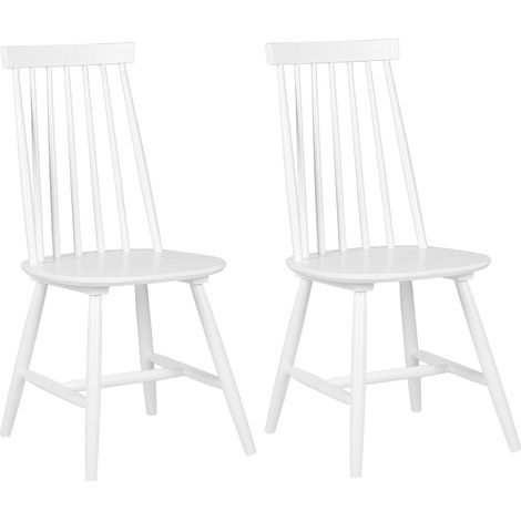Set of 2 Dining Chairs White Rubberwood Spindle Backrest Kitchen Chair Rustic Style BURBANK (1/5)