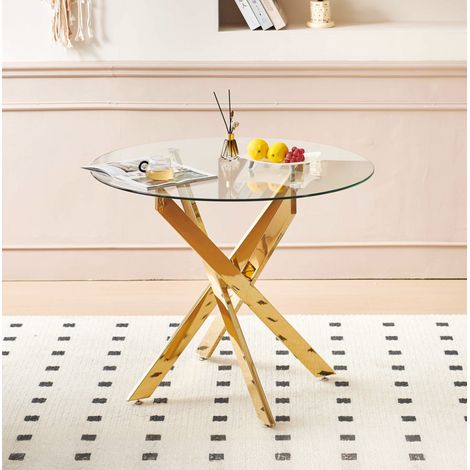 Mesa de comedor 80x80x75 cm dorada de vidrio y metal con patas cruzadas (1/5)