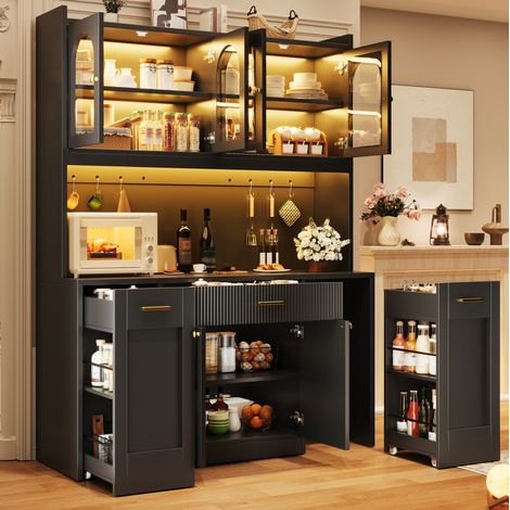 Credenza da cucina alta 120x40x187 cm con illuminazione a LED RGB, 3 ante in vetro, cassetti e ripiani scorrevoli, in MDF nero (1/5)