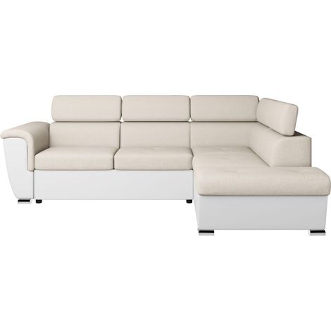 Canapé d'angle droit PAOLA convertible 4 places tissu Easy Clean antitache et simili - Beige/Blanc (1/5)