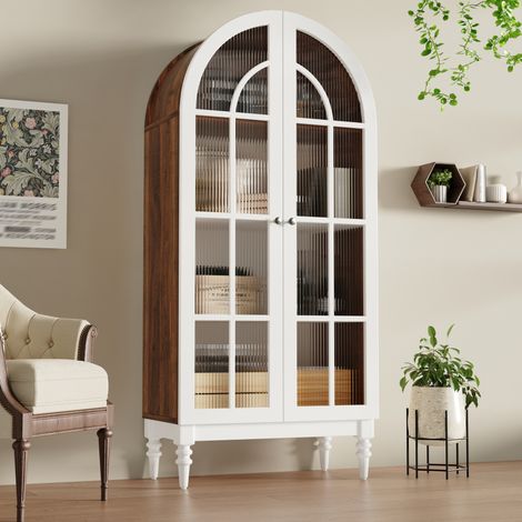 Vaisselier vitrine 76×38,5×165 cm en MDF blanc et noyer, 3 niveaux, pour salle à manger – MEUBLIV (1/5)