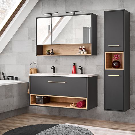 Badmöbel Set BOLOGNA-56 in anthrazit mit Artisan Eiche Nb. mit Doppelwaschtisch und Spiegelschrank, B/H/T: ca. 172/200/46 cm (1/5)