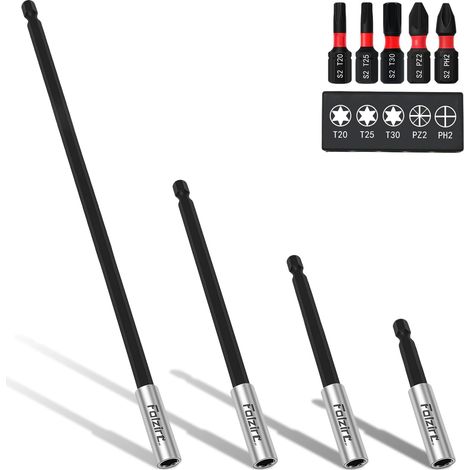 Lot de 4 porte-embouts magnétiques à changement rapide de 60/100/150/300 mm de long avec embouts de 25 mm pour visseuse sans fil, rallonge de foret à tige hexagonale 1/4" pour visseuse à (1/5)