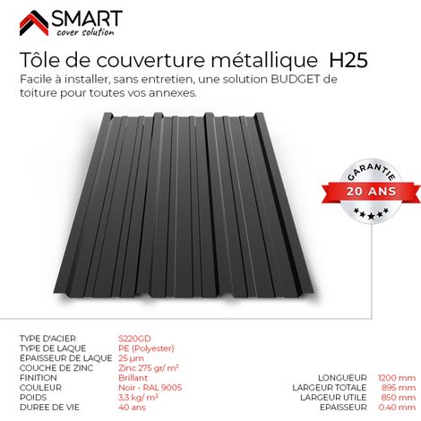 Bravo The Smart Solution – Tôle bac acier TR25 – Couverture toiture coloris noir brillant RAL 9005 – Dimensions 1200x895x0.40mm – Solution économique et sans entretien