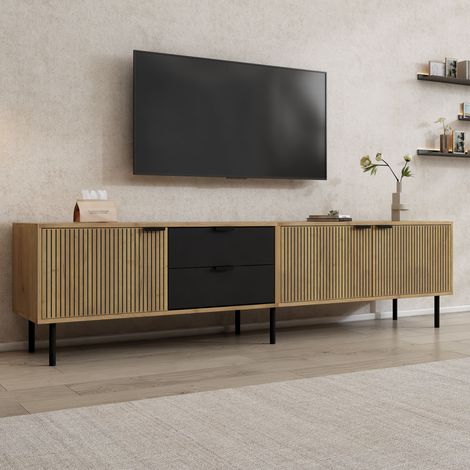 Meuble TV 208x40x48 cm en panneaux de particules, meuble bas moderne avec rangements et gestion des câbles pour salon, armoire de rangement avec 3 tiroirs, compatible écran 85 pouces (1/5)