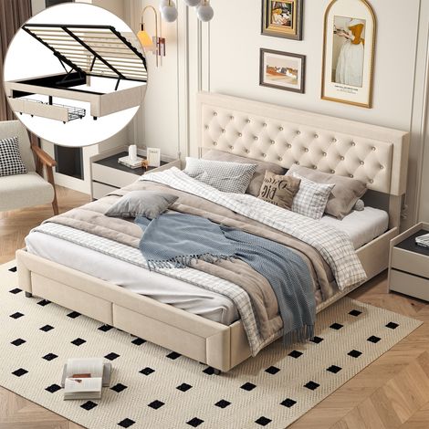 Letto contenitore 160 x 200 cm, letto 160x200 con rete, letto matrimoniale, con 2 cassetti, struttura letto, con testiera, beige, velluto (1/5)