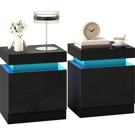 Juego de 2 mesitas de noche, iluminación LED, 2 cajones, negro, 45 × 35 × 52 cm, 27 kg (1/5)