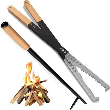 Feuerzange und Schürhaken, robuste Holzzange für Kamin, Lagerfeuer, Schürhaken für Außenkamin… (1/5)