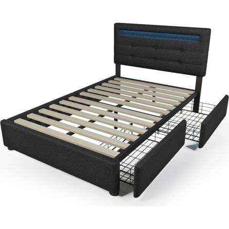 Lit avec Tiroirs, Lit Simple 2 Tiroirs, LED Réglable et Tête de Lit Réglable 90×200 cm, sans Matelas, Noir (1/5)