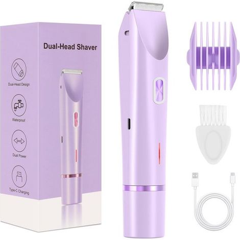 Dispositivo de depilación de doble cabezal, recortadora, apto para mujeres, cortapelos, dispositivo de depilación, afeitadora eléctrica 2 en 1, 1 unidad (morado) (1/5)