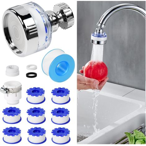 Filtre Eau Robinet à 360°, Filtre Robinet Anti Calcaire Universel avec 8 Eléments Filtrants en Coton PP, 2 Adaptateur et Ruban pour Maison, Cuisine, Salle de Bain, L'Évier (1/5)