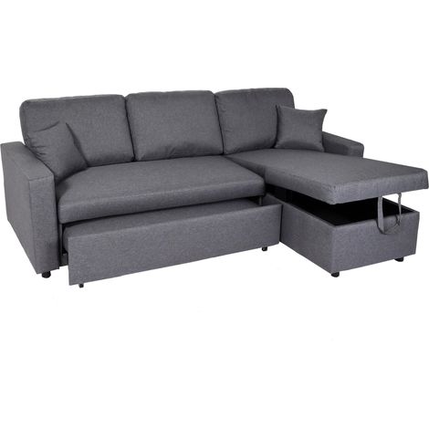 Divano letto angolare contenitore con penisola sofà reclinabile HHG-309 legno tessuto grigio scuro