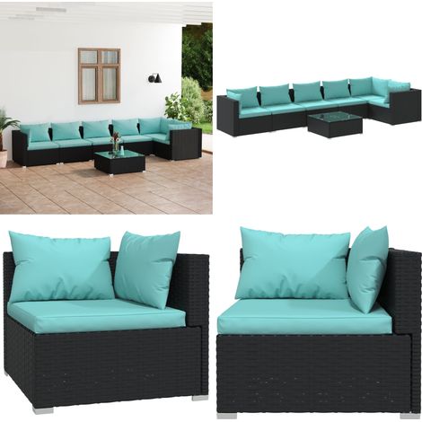 7-tlg. Garten-Lounge-Set mit Kissen Poly Rattan Schwarz - Gartensortiment - Lounge Set - Gartenmöbel - Outdoor Möbel - Esszimmergarnitur - Home & Living (1/5)