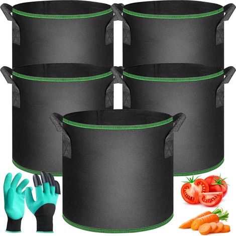 5 Pack 30L Black Planting Bags for Tomatoes, Carrots, Strawberries, Flowers, Reusable with Reinforced Handles, Gardening Gloves, for Balcony, Patio, Garden and Greenhouse (1/5)