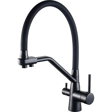 Robinet de cuisine moderne en cuivre noir avec système de purification d'eau potable, douchette extractible, eau pure chaude et froide. (1/5)