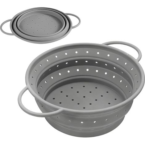 Passoire Pliable en Silicone Ø 21 cm(Gris), Passoire cuisine pliable, Pour Égoutter Pâtes, Légumes, Fruits et Légumineuses, Facile à Ranger