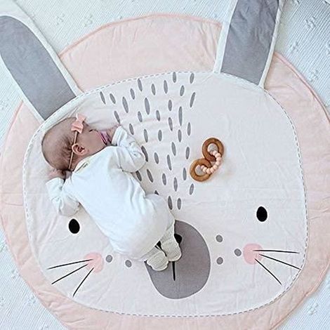 Tapis éveil bébé rond en coton rose - Animaux lapin - Diamètre 90cm (1/4)