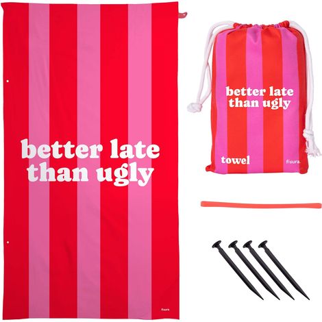 FISURA – Telo mare grande Better late than ugly in microfibra rosa e rossa, leggero, ad asciugatura rapida, anti sabbia. Perfetto per piscina, spiaggia, campeggio o picnic. (1/5)