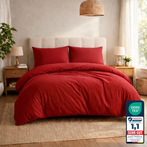 Housse de Couette 3 pièces Super Douce 240x220 cm + 2 taies d'oreiller 40x80 cm, 100% Microfibre brossée, Rouge (1/5)