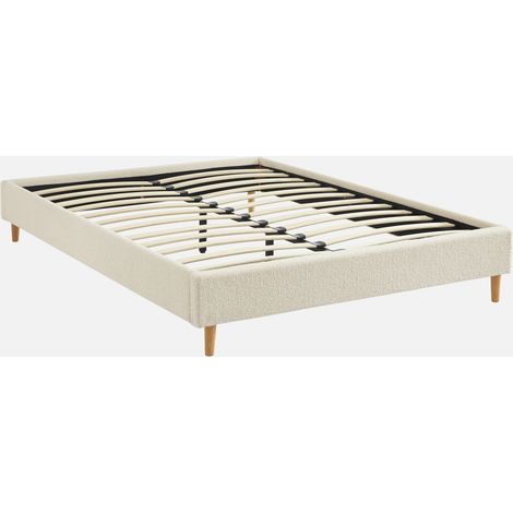 Struttura letto con rete a doghe, finitura bouclé, bianco