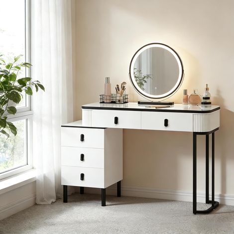 Coiffeuse en MDF, verre et métal, noire et blanche, avec miroir LED pivotant à 360° (1/5)