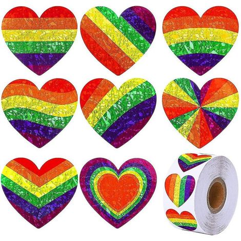BEBUSINGOTO Autocollants Gay Pride, 500 pièces LGBT Rainbow Heart Stickers Roll Rainbow Stickers Lables Valentine Love Stickers Gay (1/5)