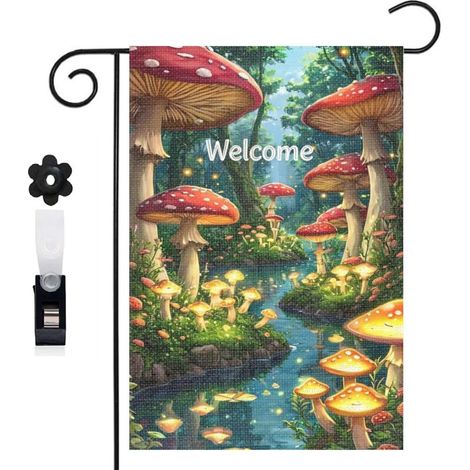 Drapeau de jardin bienvenue 30 x 45 cm motif forêt enchantée et champignons toile double face résistante (1/5)