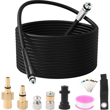 Kit de nettoyage de tuyau de vidange pour nettoyeur haute pression Karcher, Bosch, Lavor - 15 m - 180 bar - Buse de jet et buse rotative - 3 adaptateurs de rechange pour nettoyeur haute