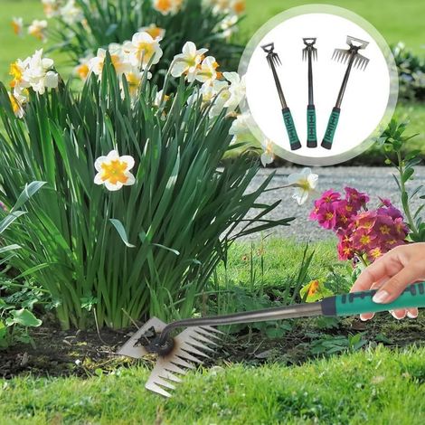 Set di 3 nuovi attrezzi per diserbo, in acciaio al manganese resistente, multifunzionali, ideali per diserbare cortili e giardini (5, 6 e 11 denti).
