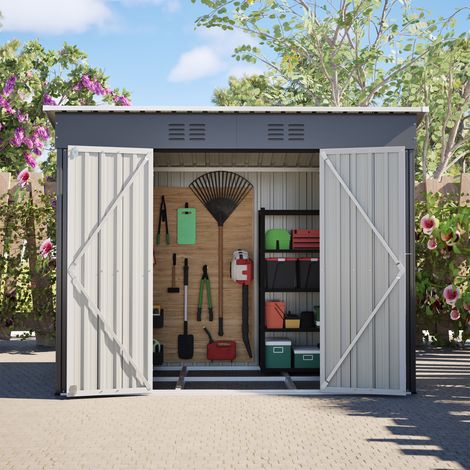 Abri de jardin métal 8x4 FT toit monopente, cabanon pour outils avec porte verrouillable et 2 grilles d’aération, gris pour terrasse, cour et jardin (1/5)