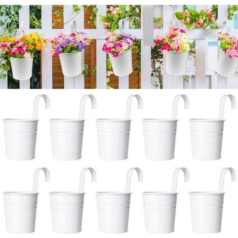10 vasi da fiori in metallo da appendere, 10 cm, bianchi, con gancio rimovibile per ringhiere, balconi, recinzioni, giardini e decorazioni per la casa (1/5)