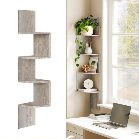 LEDANDER Étagère d’angle murale 4 niveaux, étagère flottante zigzag en bois rustique, rangement et présentoir pour plantes livres déco, gris (1/5)