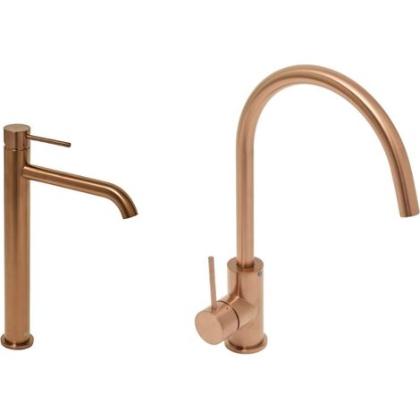 Aurum Set grifo monomando alto para lavabo de acero inoxidable + grifo monomando de cocina con brazo giratorio, oro rosa (SATBR2 (1/5)
