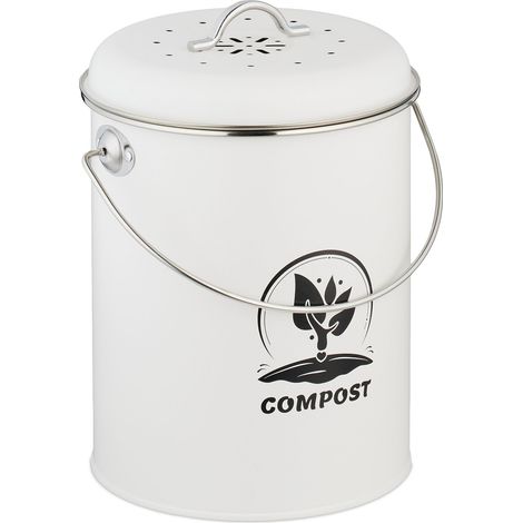 Relaxdays Kitchen Compost Bin, 5.5 Litres, Iron, Odour Filter, with Lid & Handle, Organic Food Waste Caddy, Round, White