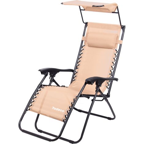 Todeco Chaise Longue Transat Jardin Plein Air, Transat de Plage Pliable avec Pare Soleil, Bain de Soleil avec Repose-tête, daccoudoirs Réglables, Camping en Respirantes Textilène, Kaki (1/5)
