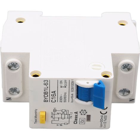 Interrupteur différentiel 16A 1P+N 30mA disjoncteur protection fuite 230V, disjoncteur différentiel 30mA 1 pôle + neutre, protection contre fuites électriques, 16 ampères. (1/5)