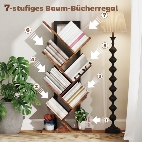 Étagère étroite en forme d'arbre, 7 niveaux, bibliothèque en bois rustique brun pour bureau et salon (1/5)