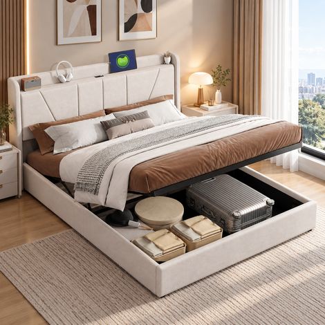 Lit coffre 160×200 cm,rangement hydraulique,lit capitonné,ports USB et Type-C,lit double,tête de lit capitonnée,cadre de lit 160×200,style moderne,sommier à lattes,lit adulte,Lin,Beige (1/5)