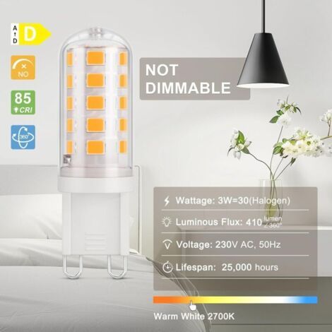 Ampoule LED G9 3W, équivalent 30W halogène, Blanc chaud 2700K, 410lm, CRI 85, Non-dimmable, 230V, Économie d'énergie, Base en céramique, Culot G9 Standard, 6 Pièces (1/3)