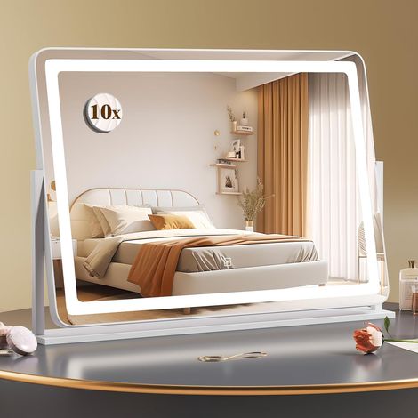 Costway – Miroir maquillage lumineux 80 x 55 cm – Miroir grossissant 10X – Lumières à 3 couleurs réglables – Rotation 360° – Miroir argent incassable (1/5)