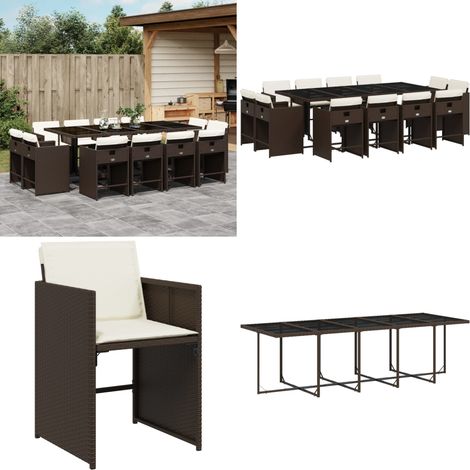 Set da Pranzo da Giardino 13pz con Cuscini Marrone Polyrattan - Sedie da giardino - Tavolo da giardino