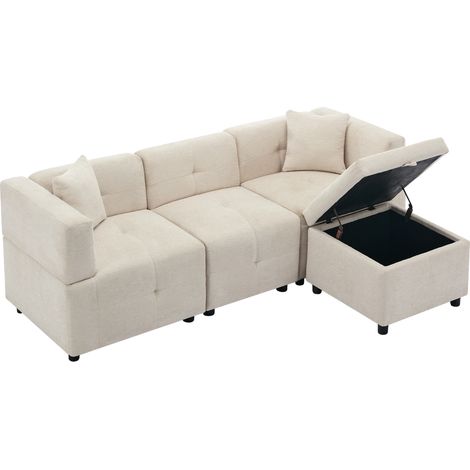 3-Sitzer Ecksofa in L-Form aus beigem Chenille mit Stauraum-Hocker und 2 Kissen (1/5)