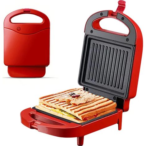 (Rouge) Gaufrier antiadhésif multifonctionnel / Appareil à petit-déjeuner rapide à la maison (Peut faire des œufs au plat, des paninis, du pain) (1/3)