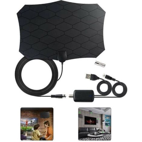 Antenne TV - Amplificateur Intégré - Portée 80 Miles - Câble Coaxial 4 m - Compatible HD 4K 1080p - Noir (1/4)
